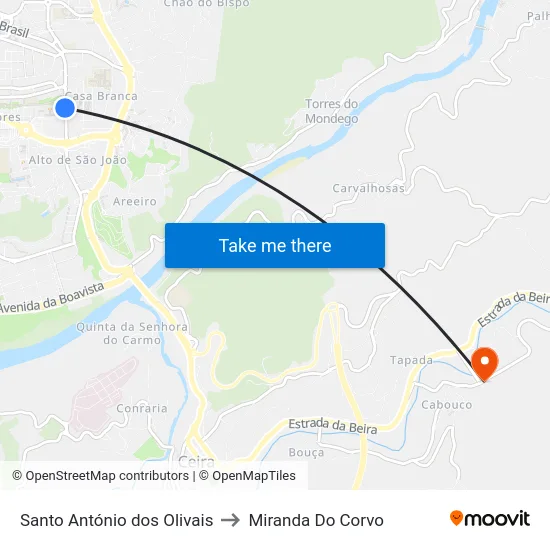 Santo António dos Olivais to Miranda Do Corvo map