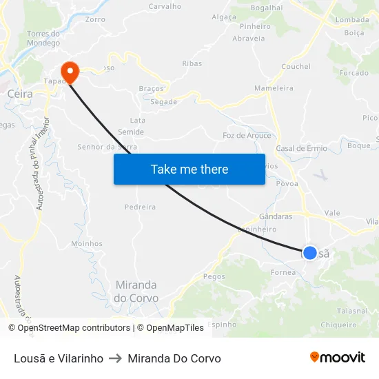 Lousã e Vilarinho to Miranda Do Corvo map