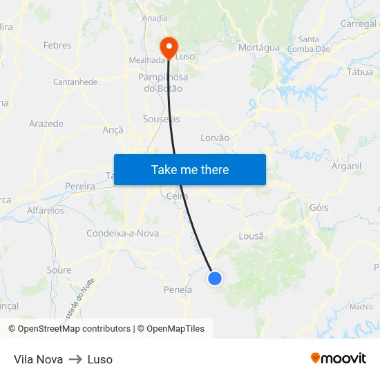 Vila Nova to Luso map