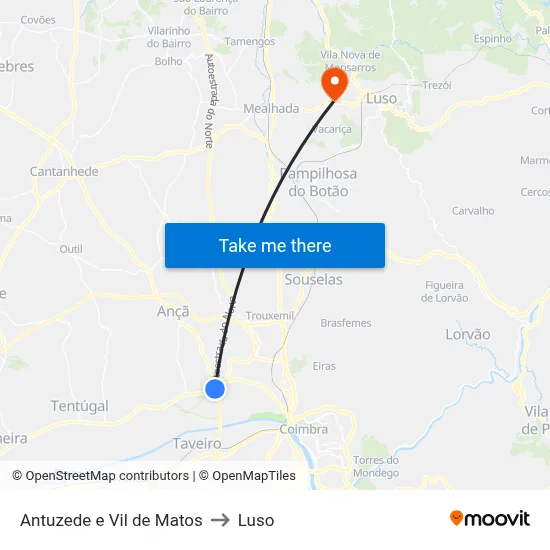 Antuzede e Vil de Matos to Luso map
