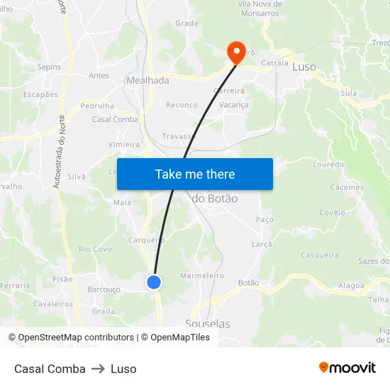 Casal Comba to Luso map