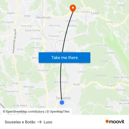 Souselas e Botão to Luso map