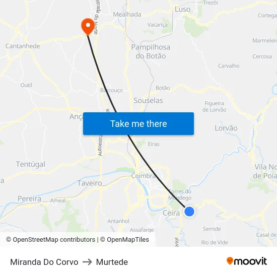 Miranda Do Corvo to Murtede map