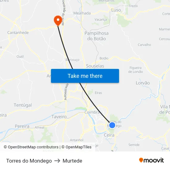 Torres do Mondego to Murtede map
