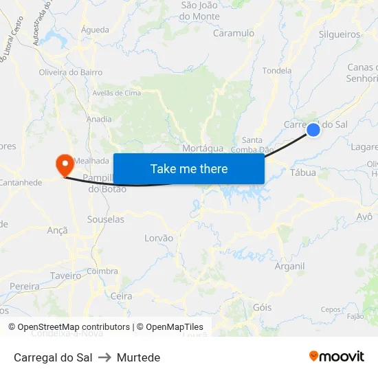Carregal do Sal to Murtede map
