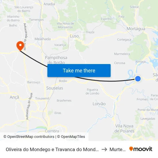 Oliveira do Mondego e Travanca do Mondego to Murtede map