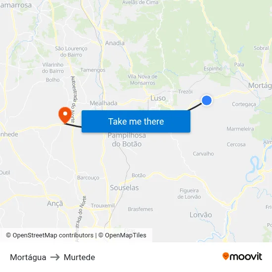 Mortágua to Murtede map