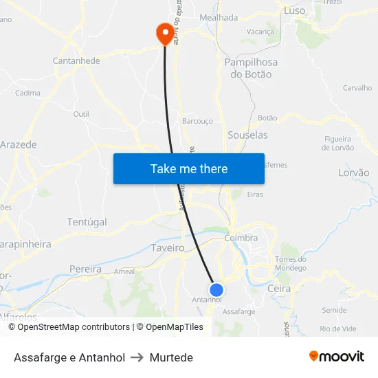 Assafarge e Antanhol to Murtede map
