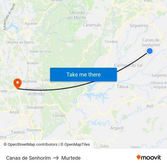Canas de Senhorim to Murtede map