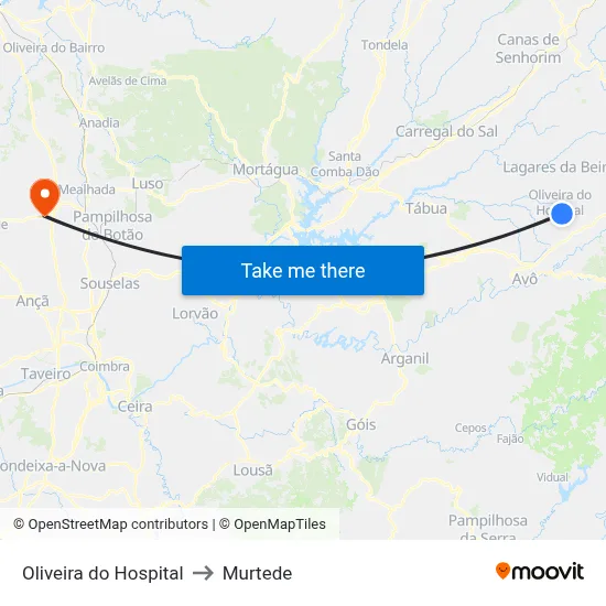 Oliveira do Hospital to Murtede map