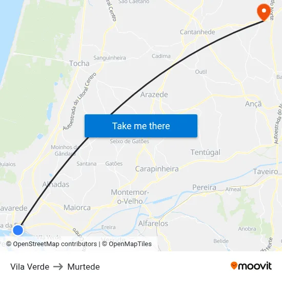 Vila Verde to Murtede map