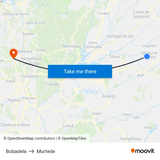 Bobadela to Murtede map