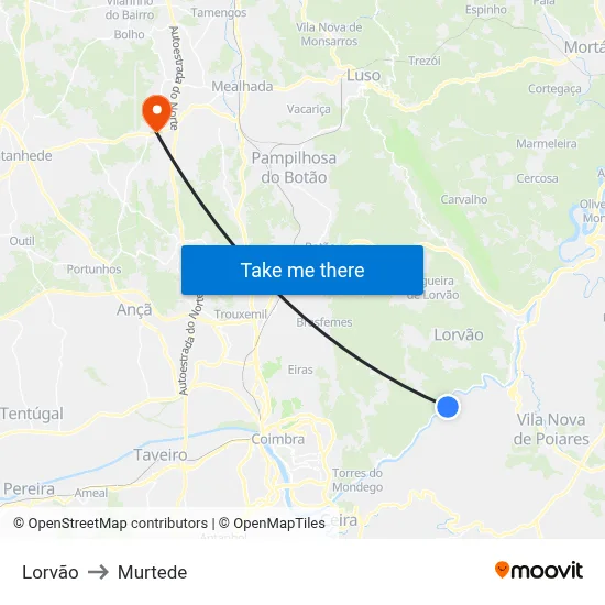 Lorvão to Murtede map