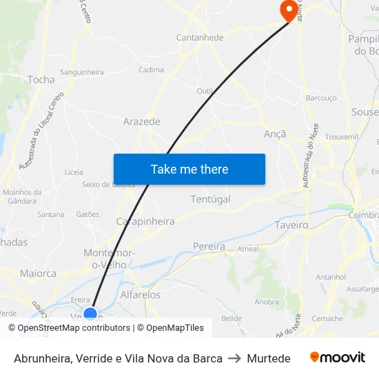 Abrunheira, Verride e Vila Nova da Barca to Murtede map