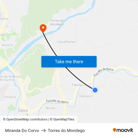 Miranda Do Corvo to Torres do Mondego map