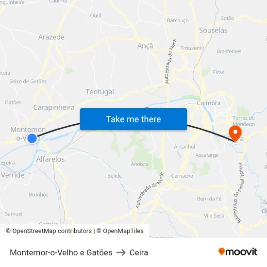 Montemor-o-Velho e Gatões to Ceira map