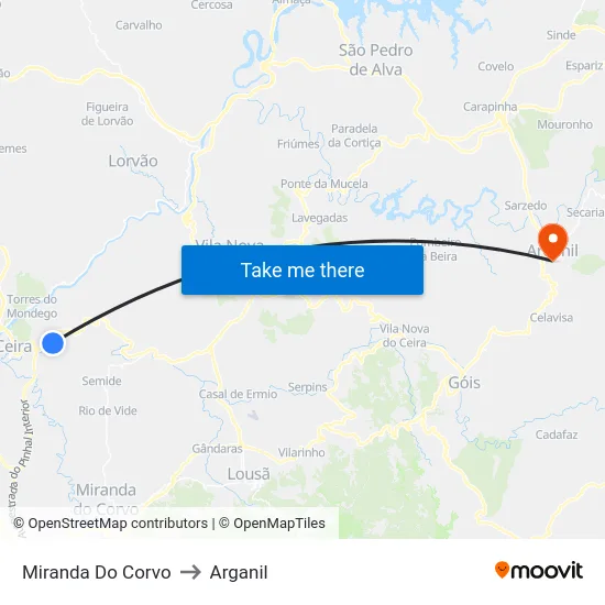 Miranda Do Corvo to Arganil map