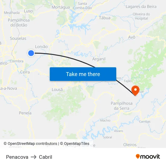 Penacova to Cabril map