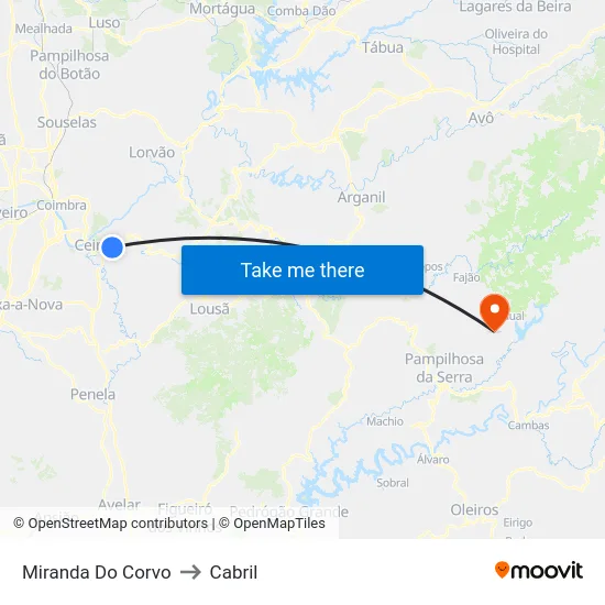 Miranda Do Corvo to Cabril map