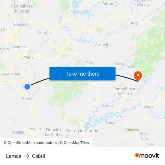 Lamas to Cabril map