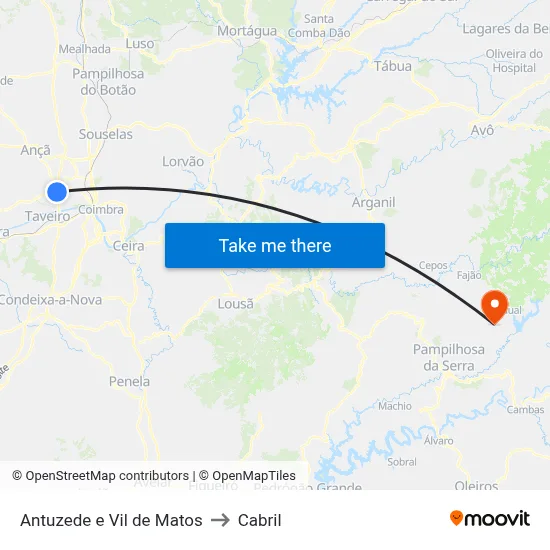 Antuzede e Vil de Matos to Cabril map