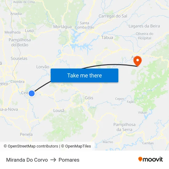 Miranda Do Corvo to Pomares map