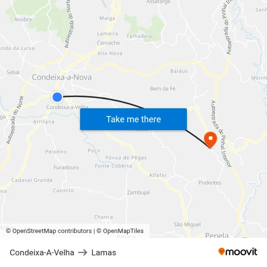 Condeixa-A-Velha to Lamas map