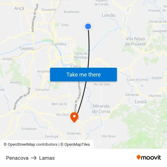 Penacova to Lamas map