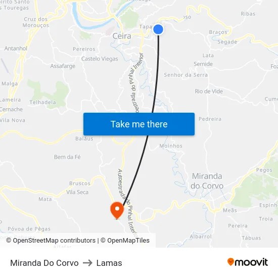 Miranda Do Corvo to Lamas map