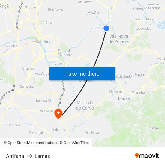 Arrifana to Lamas map