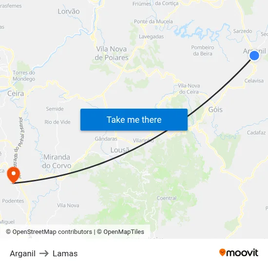 Arganil to Lamas map