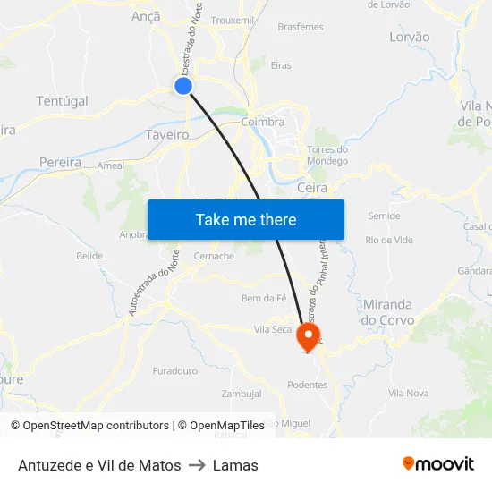 Antuzede e Vil de Matos to Lamas map