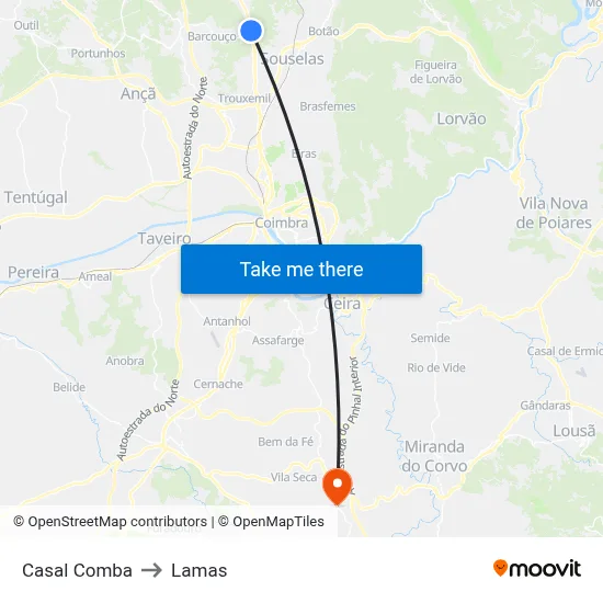 Casal Comba to Lamas map