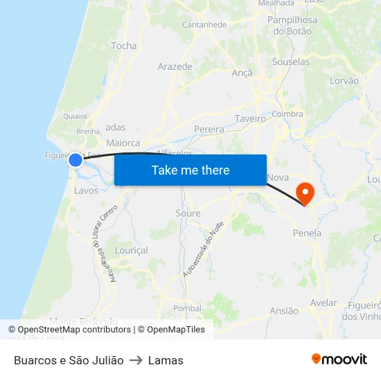 Buarcos e São Julião to Lamas map