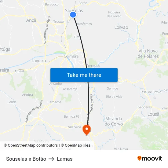 Souselas e Botão to Lamas map