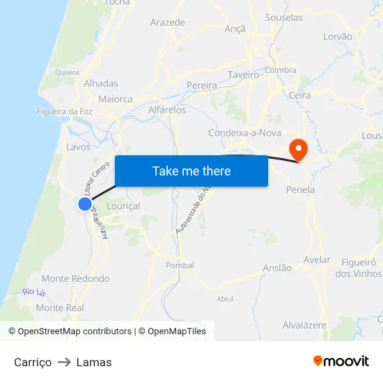 Carriço to Lamas map