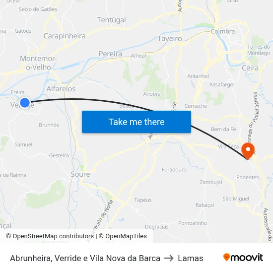 Abrunheira, Verride e Vila Nova da Barca to Lamas map