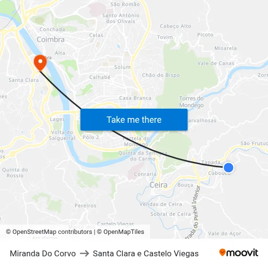 Miranda Do Corvo to Santa Clara e Castelo Viegas map