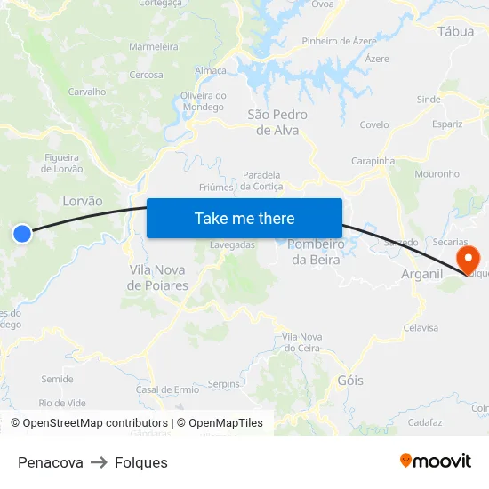 Penacova to Folques map