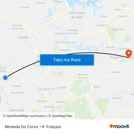 Miranda Do Corvo to Folques map