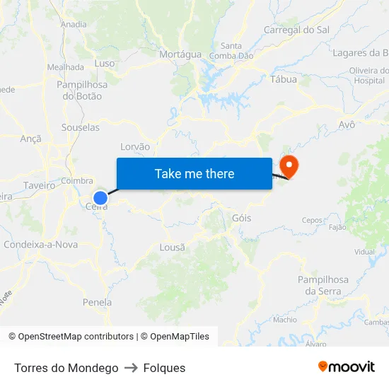 Torres do Mondego to Folques map