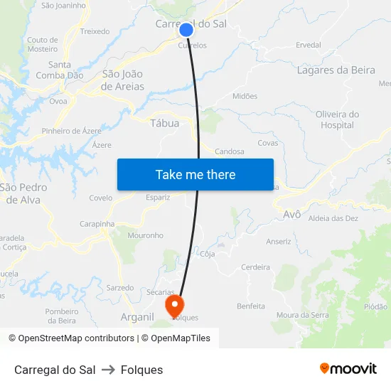 Carregal do Sal to Folques map