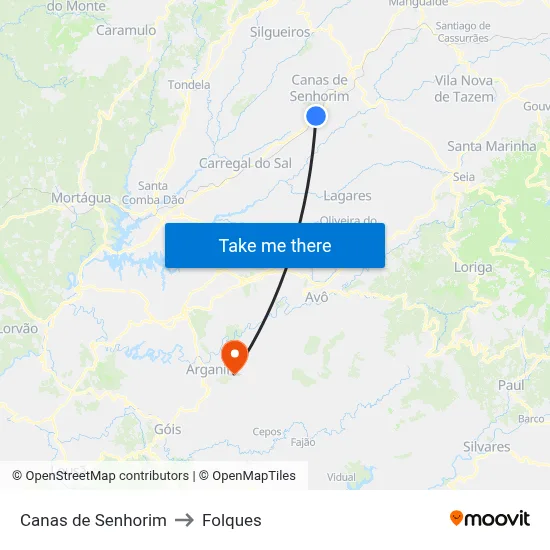 Canas de Senhorim to Folques map