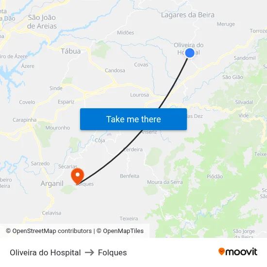 Oliveira do Hospital to Folques map