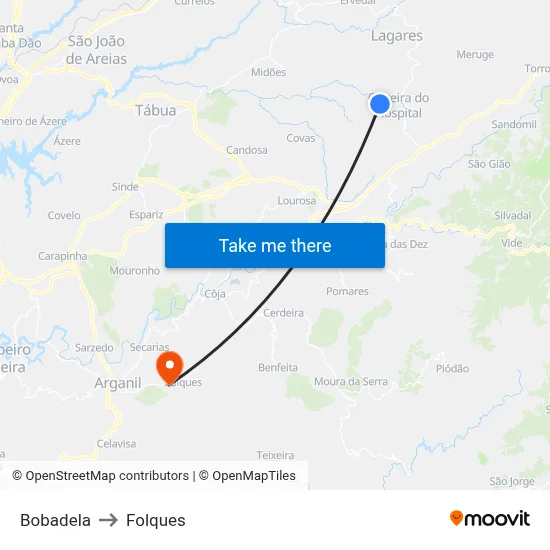 Bobadela to Folques map