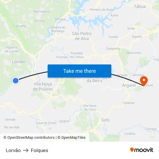 Lorvão to Folques map