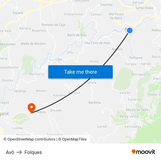 Avô to Folques map