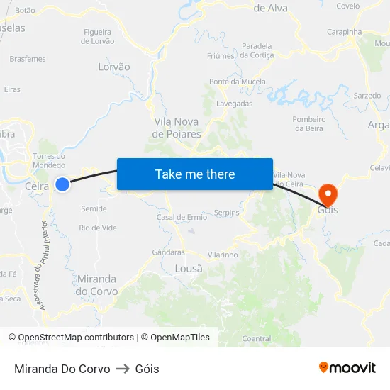 Miranda Do Corvo to Góis map