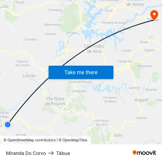 Miranda Do Corvo to Tábua map