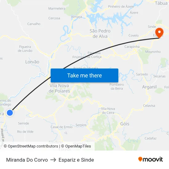 Miranda Do Corvo to Espariz e Sinde map